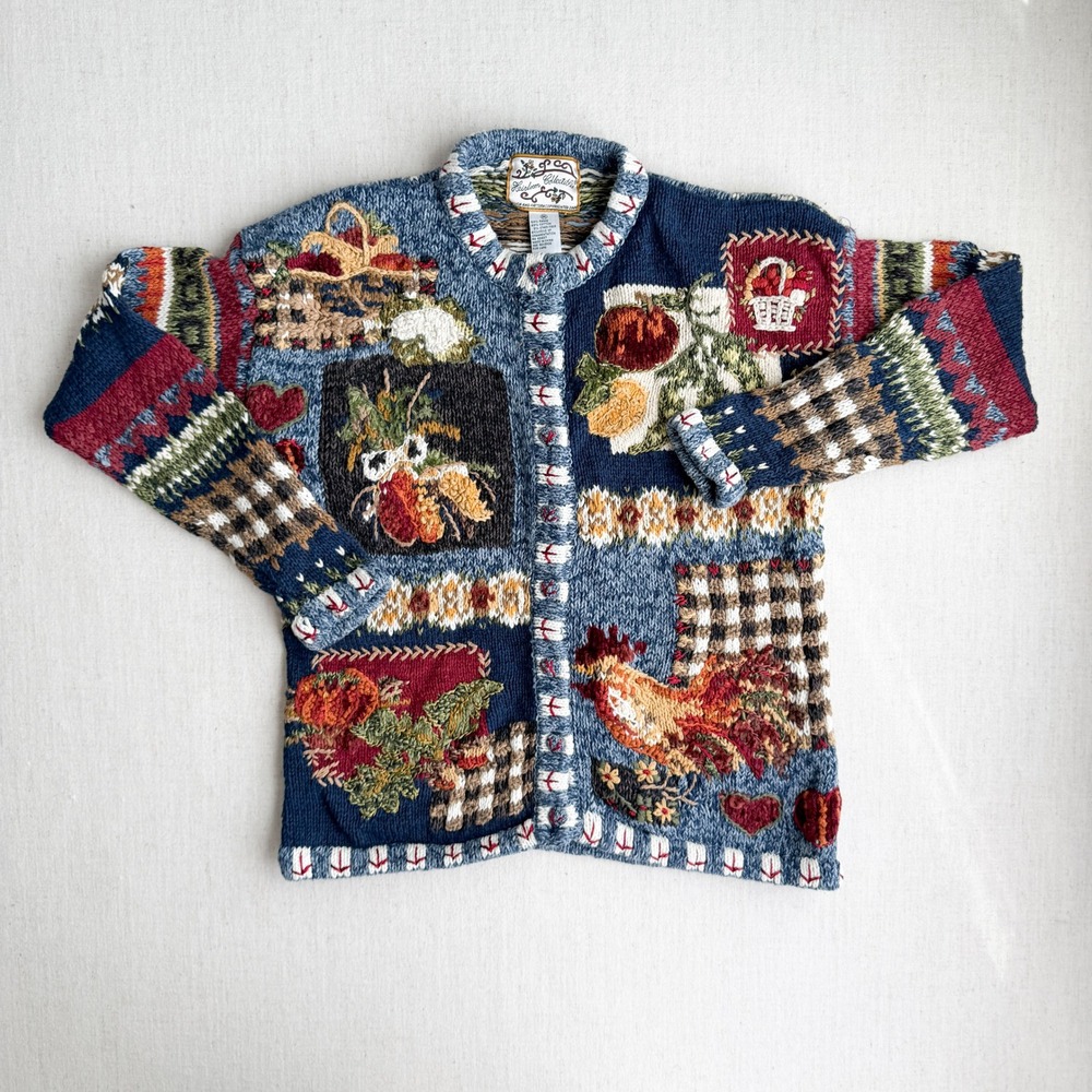 Heirloom Collectibles vtg blue‎ chicken rooster embroidered cardigan sweater M